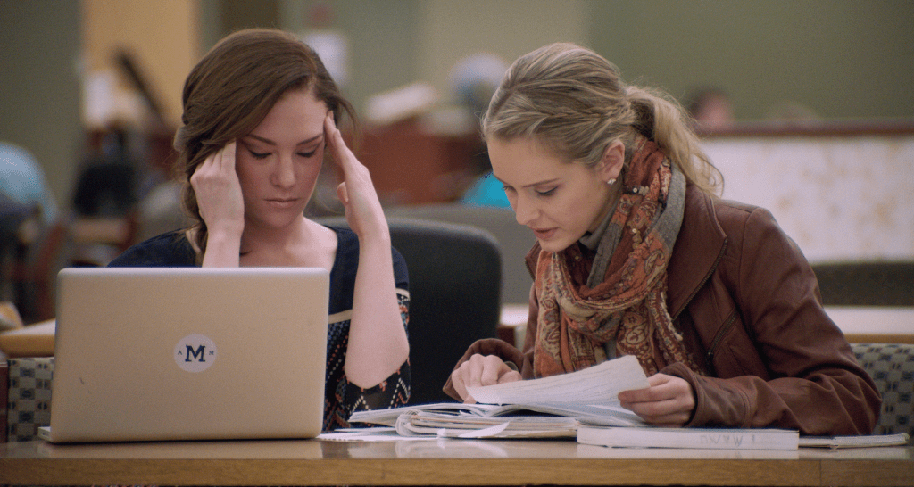 Ashley Ross (Lauren Sweetser) and Kristin (Taylor Black) studying, still 2